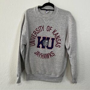 VTG Kansas Embroidered Jayhawks Gray Crewneck Sweatshirt Men’s Large Fits Medium